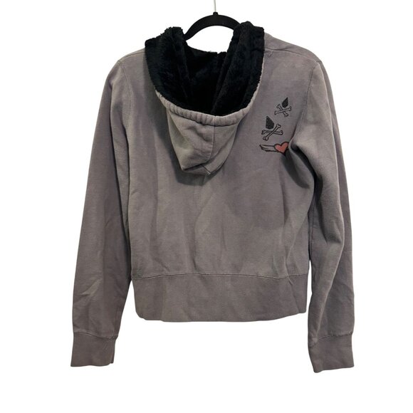 Volcom Womens Fleece Lined Hoodie Size L Gray Pink Winged Heart Print Zip Up - Picture 2 of 8